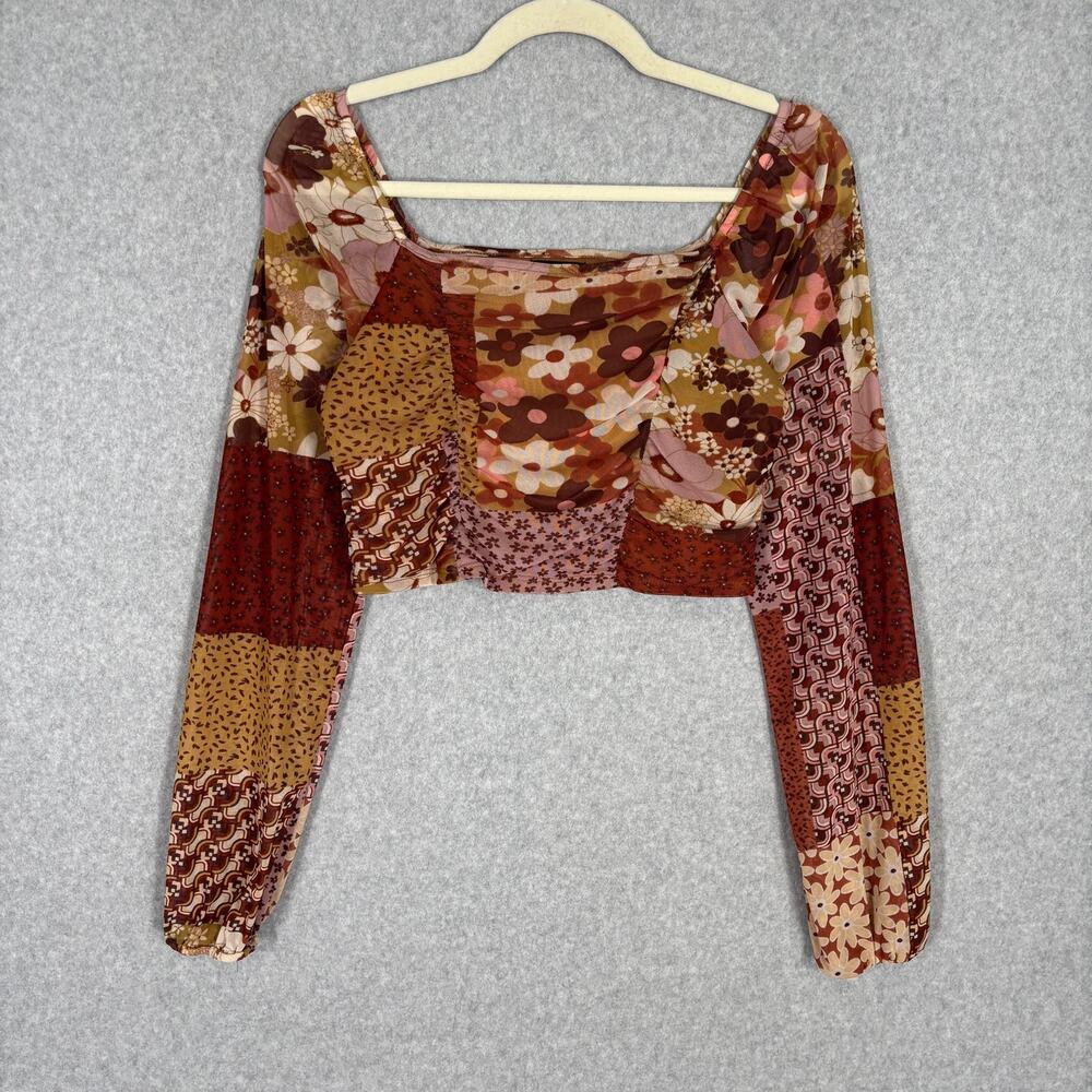 Originality Crop Top Medium Ruched Sheer‎ Patchwork 60s 70s Festival Boho Rodeo